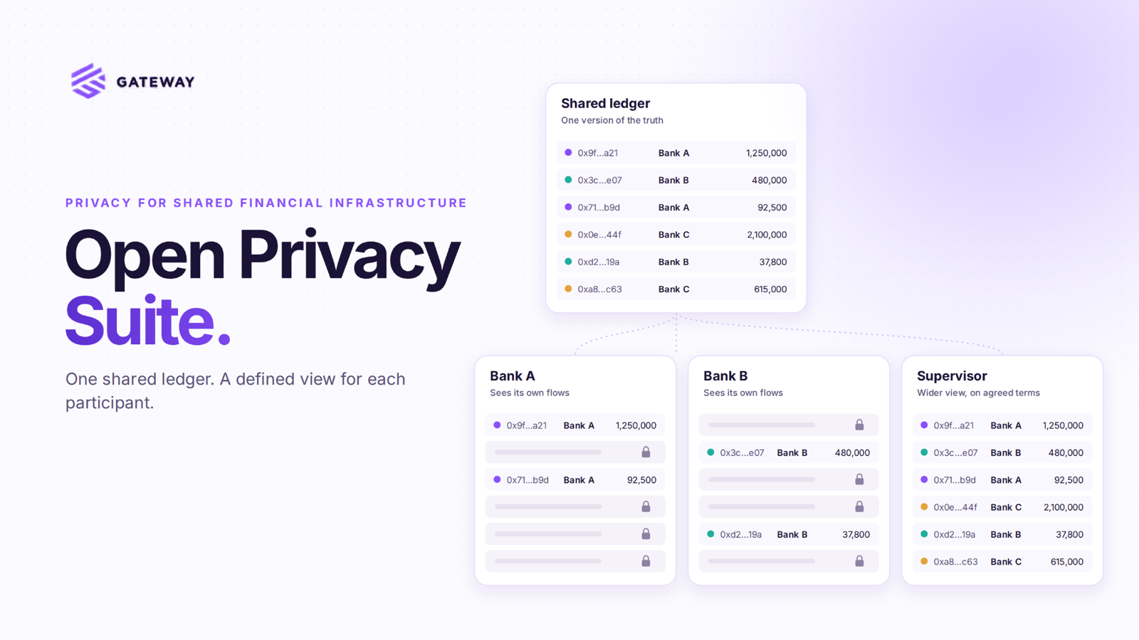 Open Privacy Suite: one shared ledger, with Bank A, Bank B and a supervisor each seeing a defined view