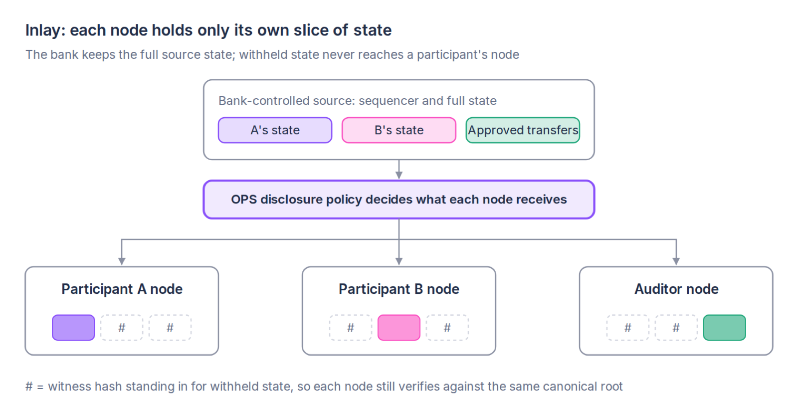 Inlay: Participant A, Participant B and an auditor node each hold only their own slice of state.