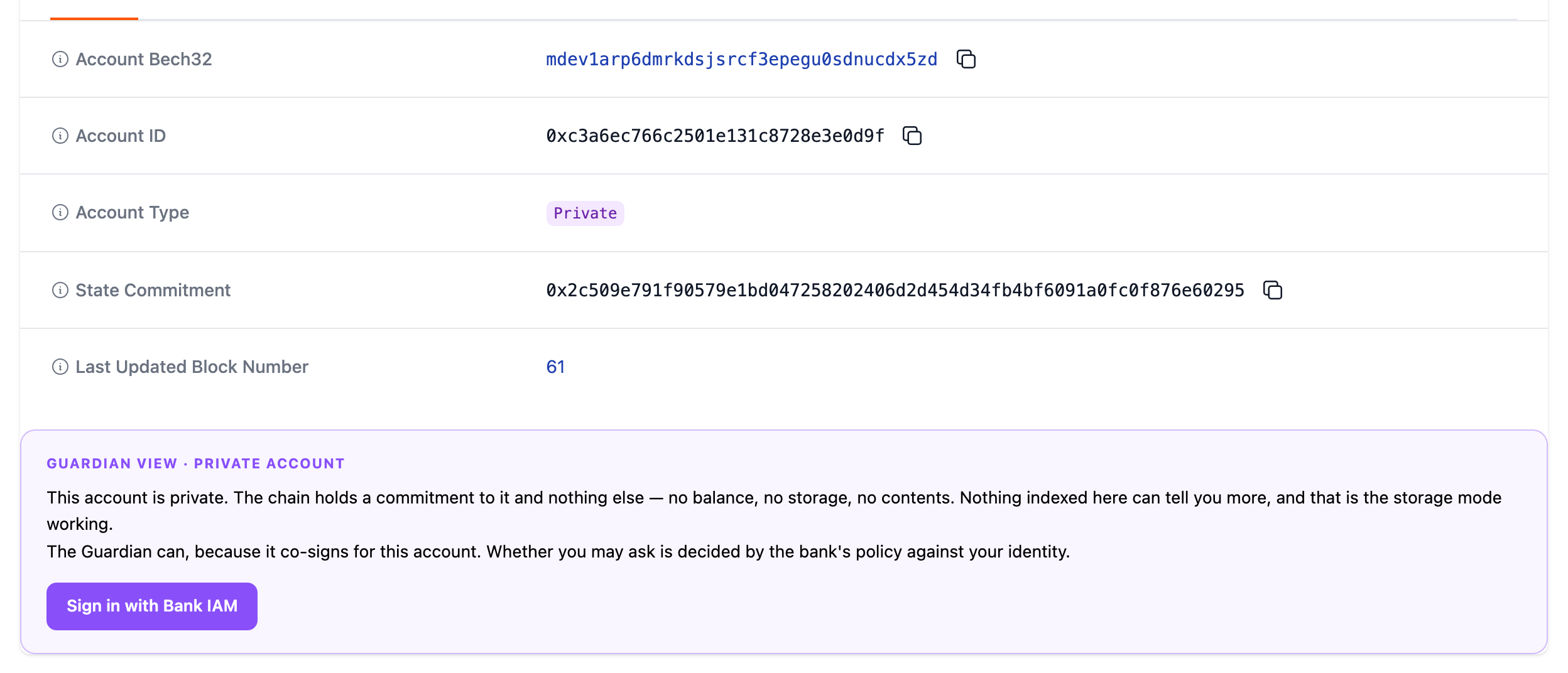 A block explorer account page showing account type Private and a state commitment, with a panel offering to sign in for more.