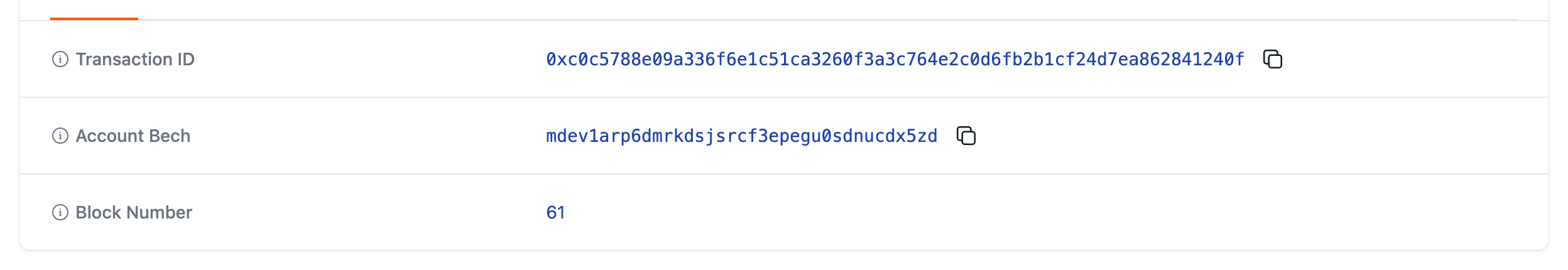 A block explorer transaction page showing a transaction identifier, an account identifier and a block number, and no amount.