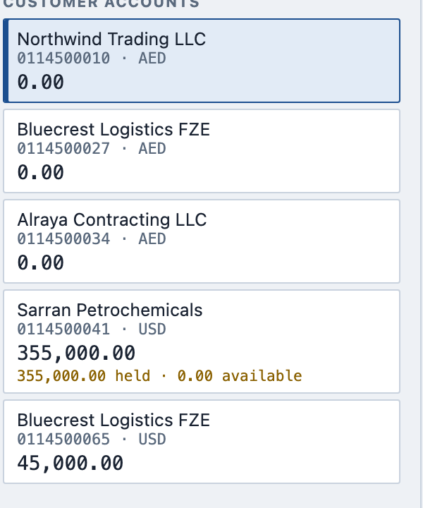 A customer account showing 355,000.00 with 355,000.00 held and 0.00 available, and a second customer holding 45,000.00.
