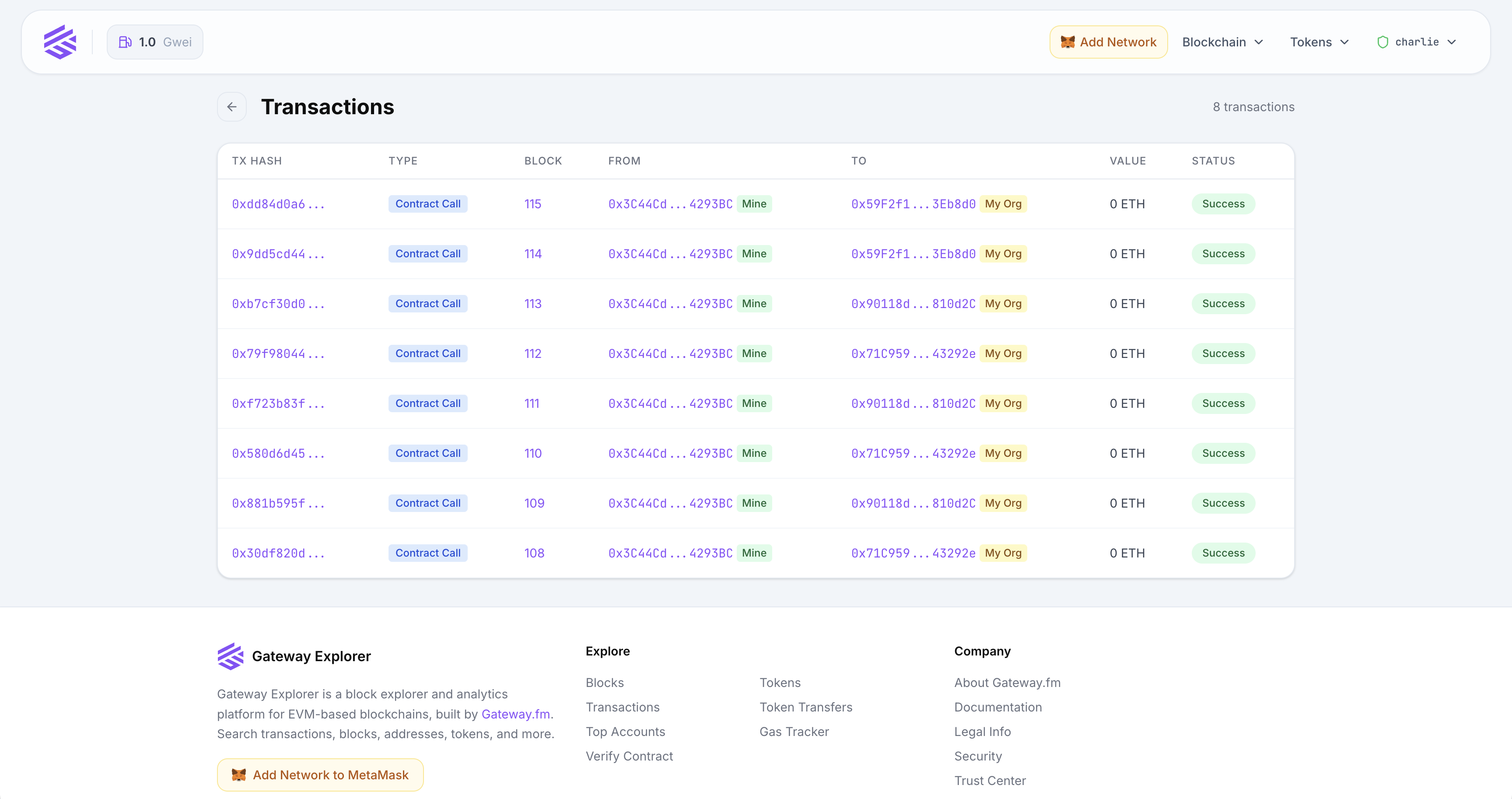 Privacy-aware block explorer transaction list with organisation tags and session-based visibility