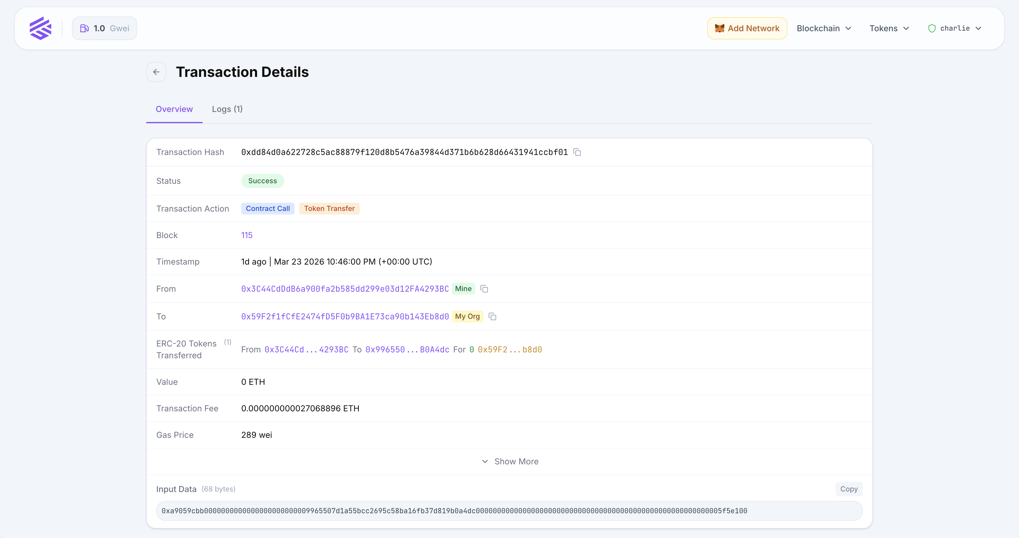 Transaction detail view showing privacy-aware address labels and ERC-20 token transfer metadata