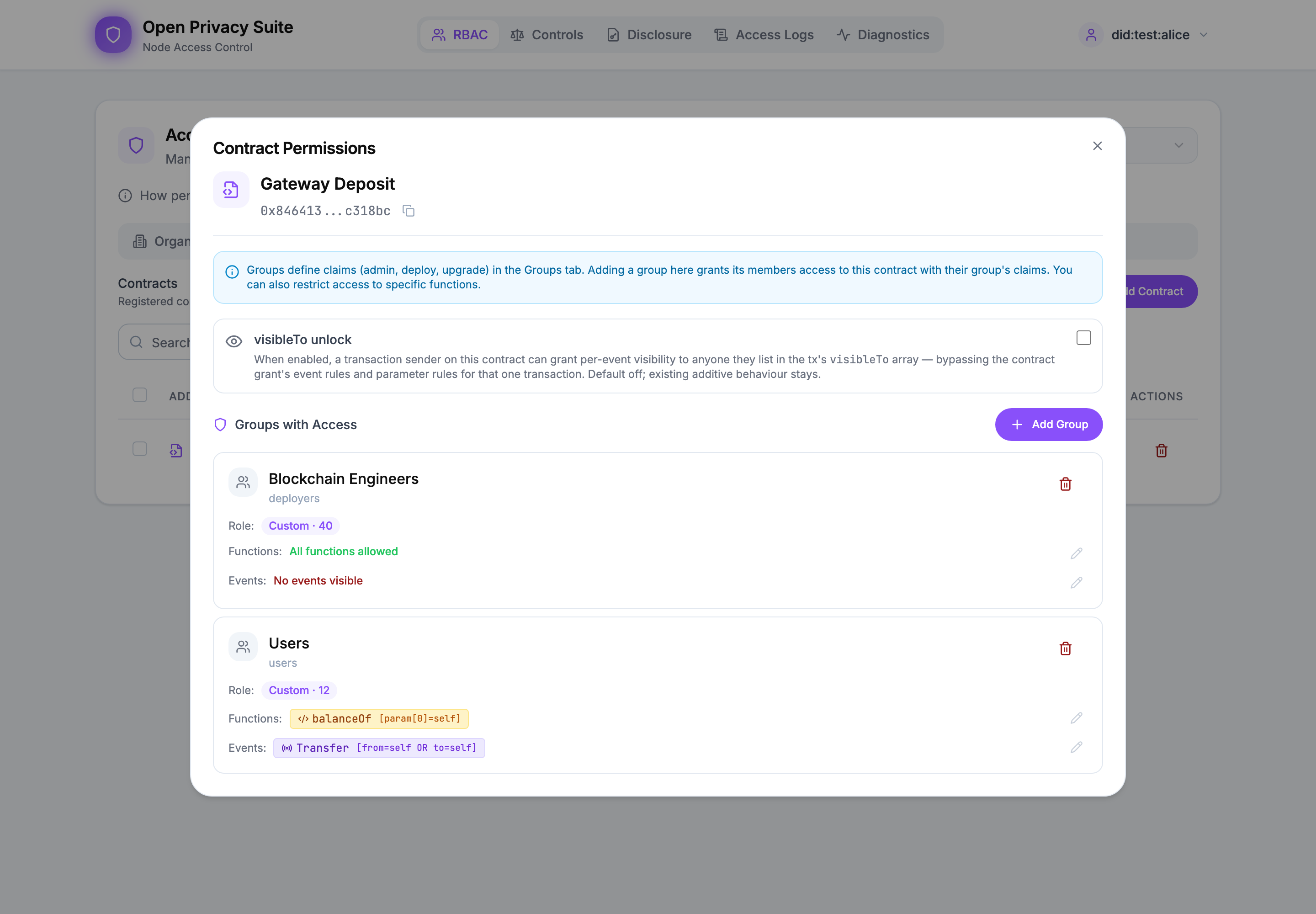 OPS contract permissions with group access, balanceOf restricted to self, and transfer event rules.